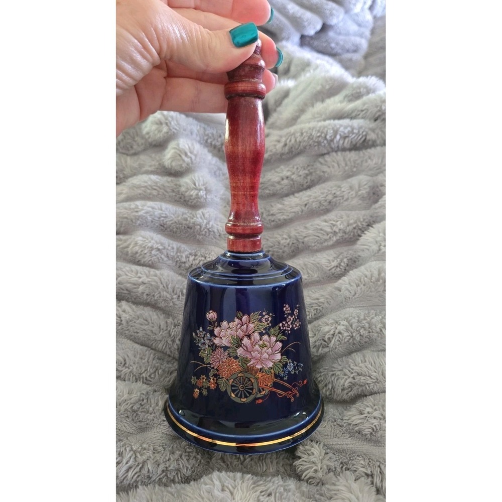 Vintage Cobalt Blue Ceramic Floral Hand Bell with Wood Handle Gold Trim